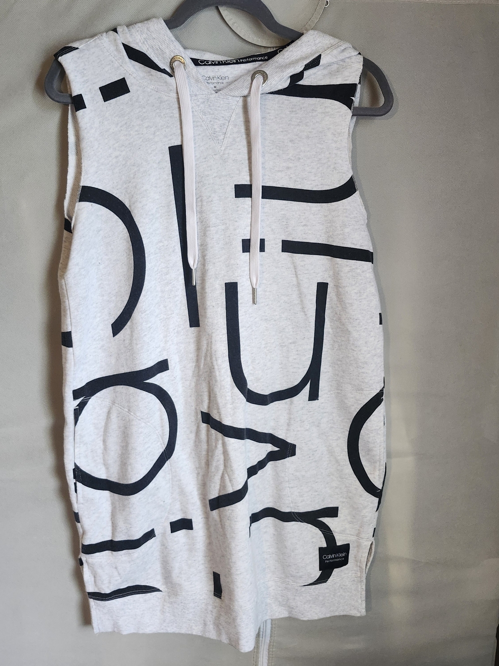 Calvin Klein Light Gray Sleeveless Hoodie Dress with Black Graphic Print
